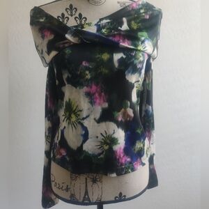 🆕 Rachel Roy Green & White floral off the shoulder long sleeve Bohemian top_Sm